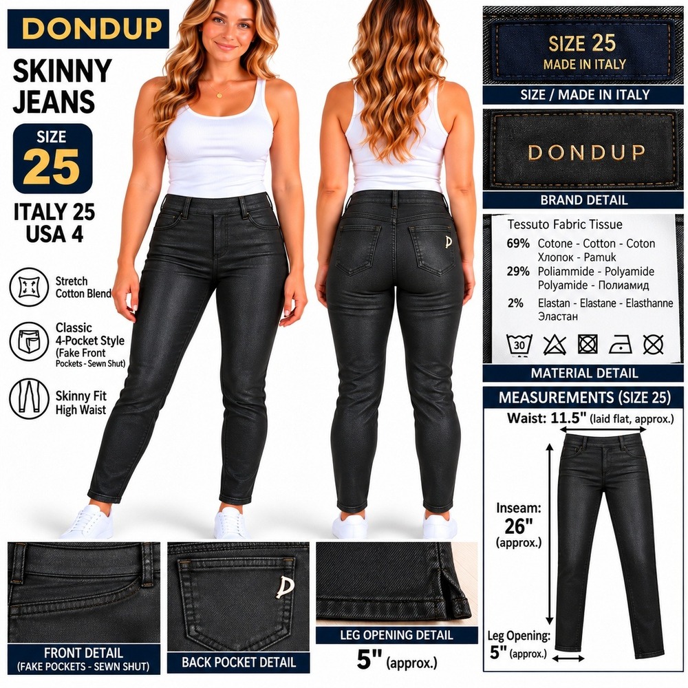 Dondup Skinny Jeans Womens 25 Black Coated High Waist Made in Italy NWT